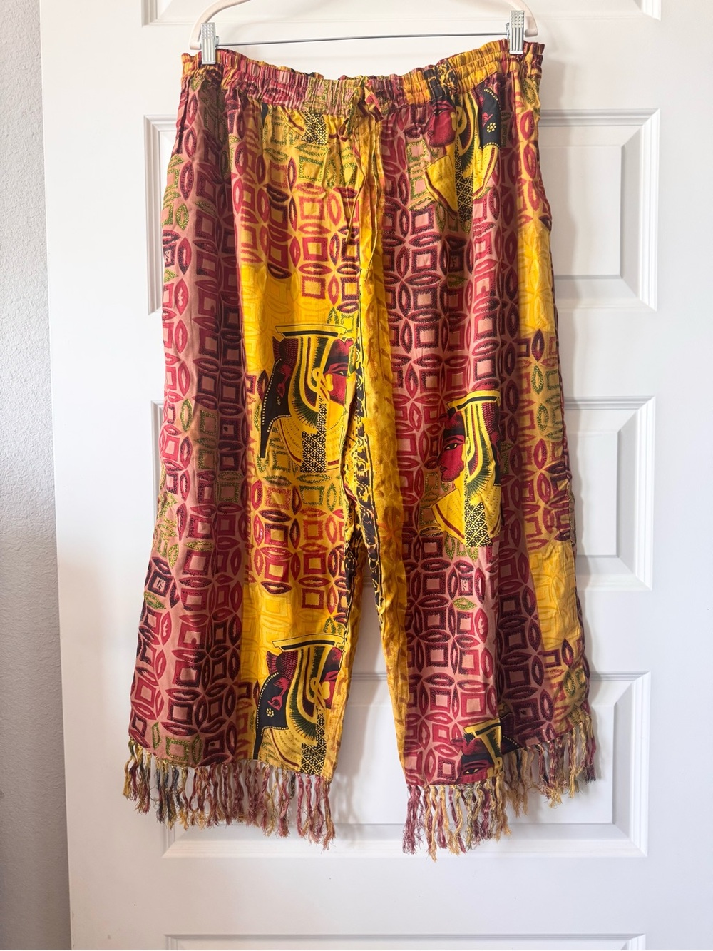 Vintage Gurit Fashions Egyptian Print Fringe Statement Pants Boho Festival Wide